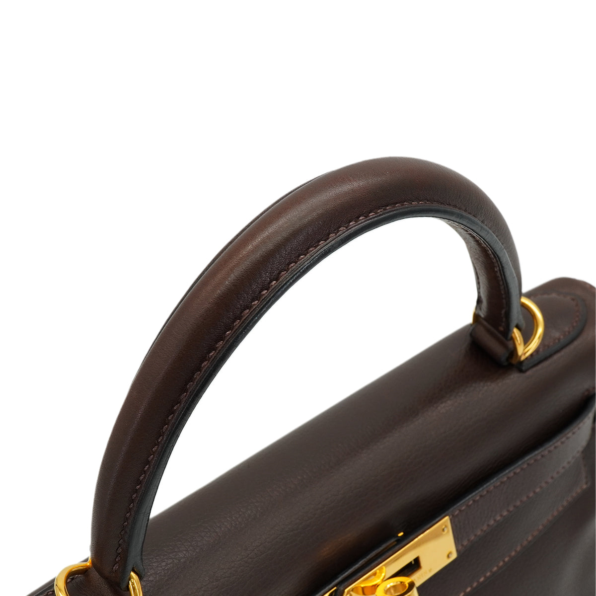 HERMES KELLY 28 RETOURNE CHOCOLATE VEAU GULLIVER HAND SHOULDER BAG 2001 SQUARE H GOLD HARDWARE 90344455