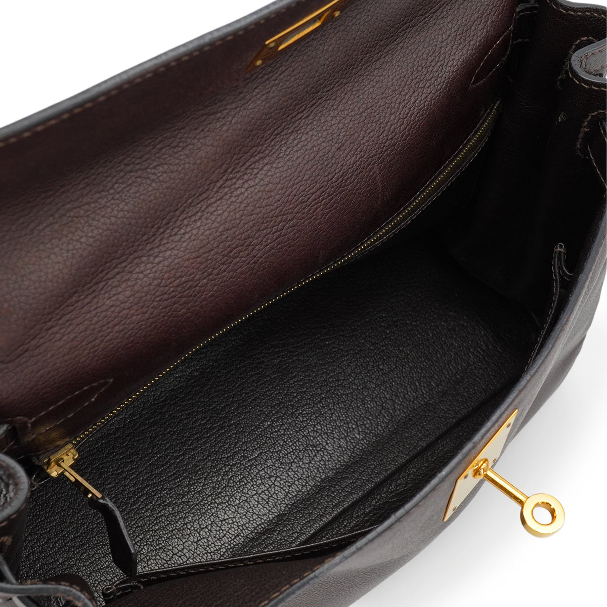 HERMES KELLY 28 RETOURNE CHOCOLATE VEAU GULLIVER HAND SHOULDER BAG 2001 SQUARE H GOLD HARDWARE 90344455