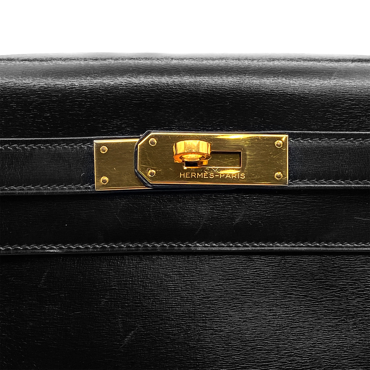 HERMES KELLY 28 SELLIER BLACK BOXCALF HAND SHOULDER BAG 1985 CIRCLE O GOLD HARDWRE 90315004