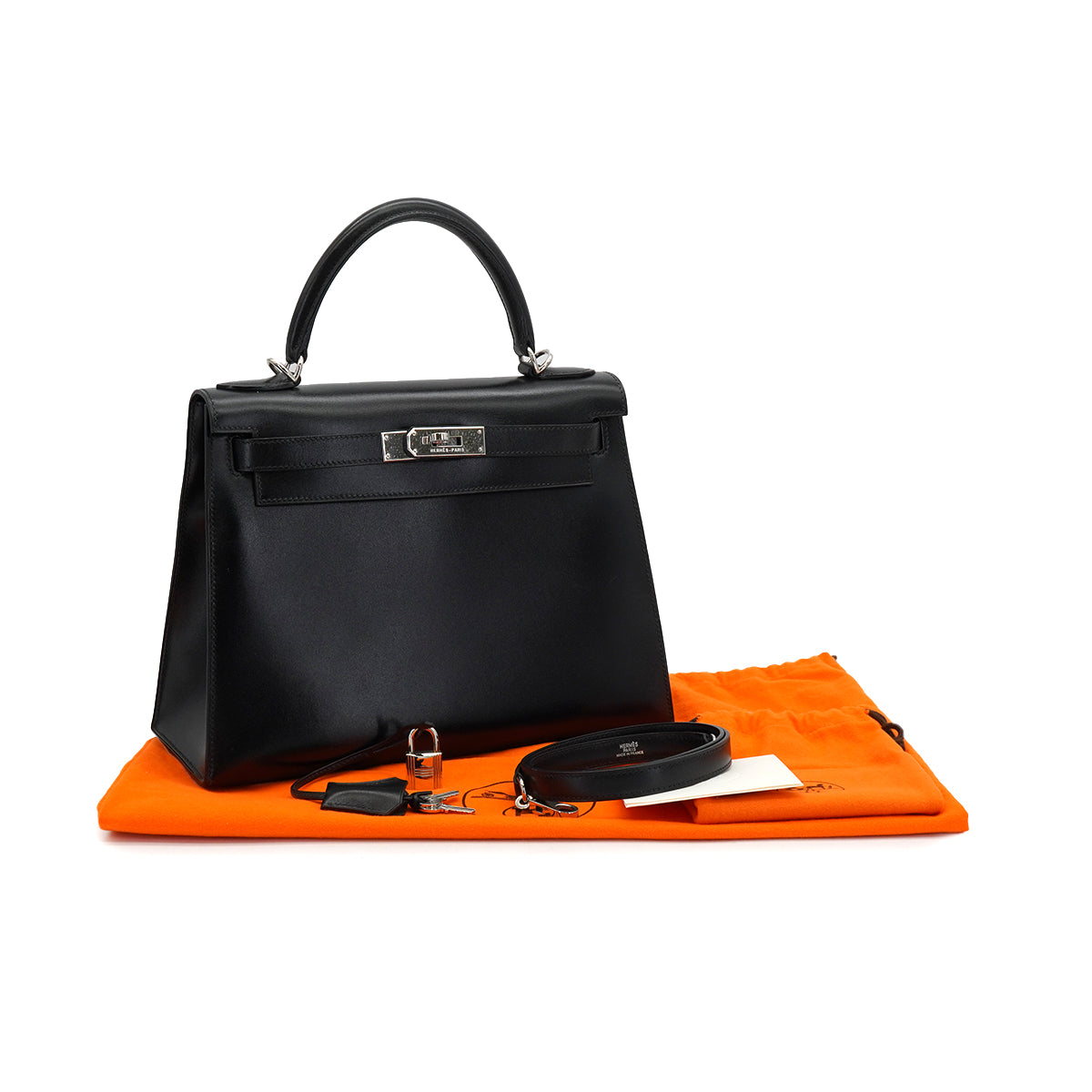 HERMES KELLY 28 SELLIER BLACK BOX CALF HAND SHOULDER BAG 2002 SQUARE F PALLADIUM HARDWARE 90336791