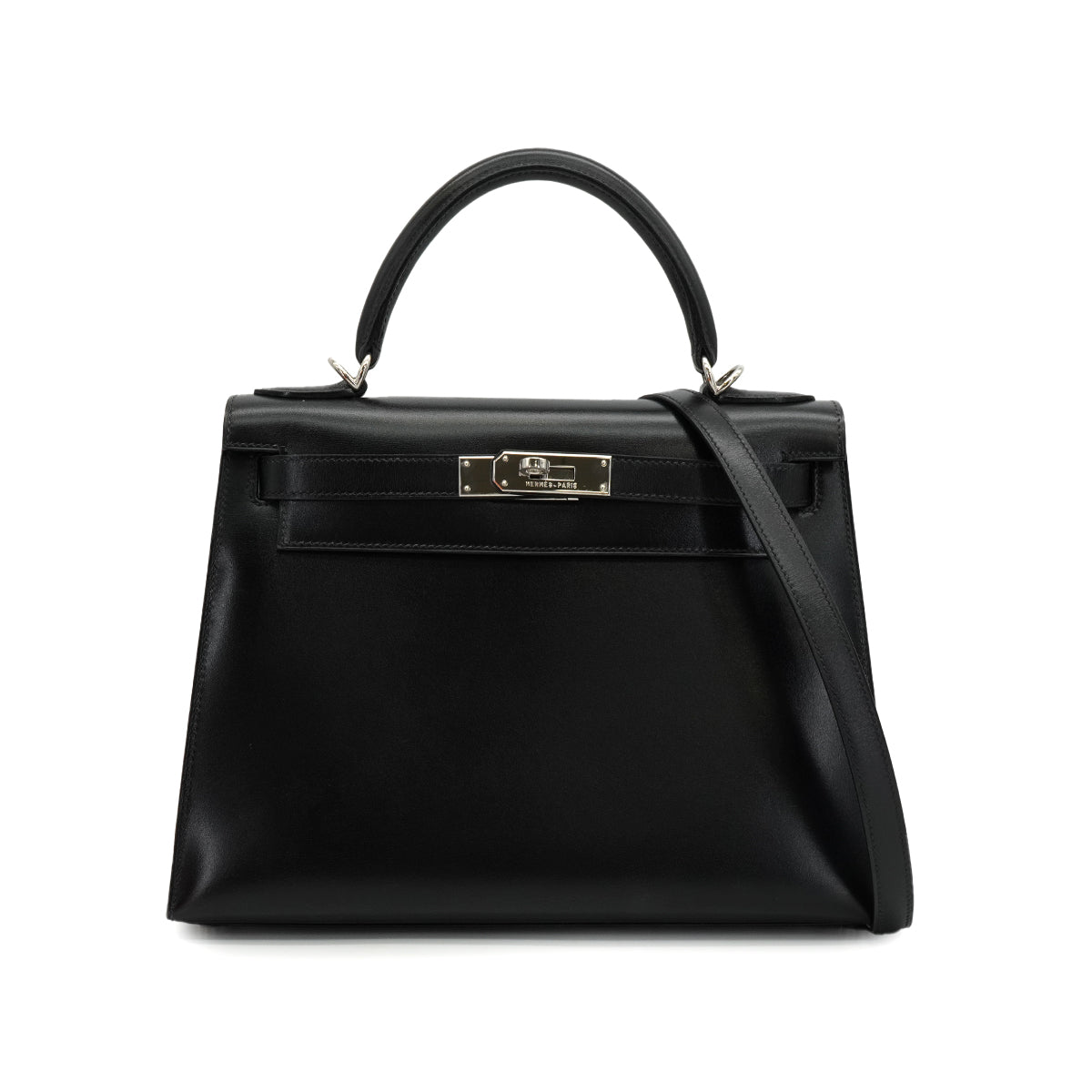 HERMES KELLY 28 SELLIER BLACK BOX CALF HAND SHOULDER BAG 2002 SQUARE F PALLADIUM HARDWARE 90336791