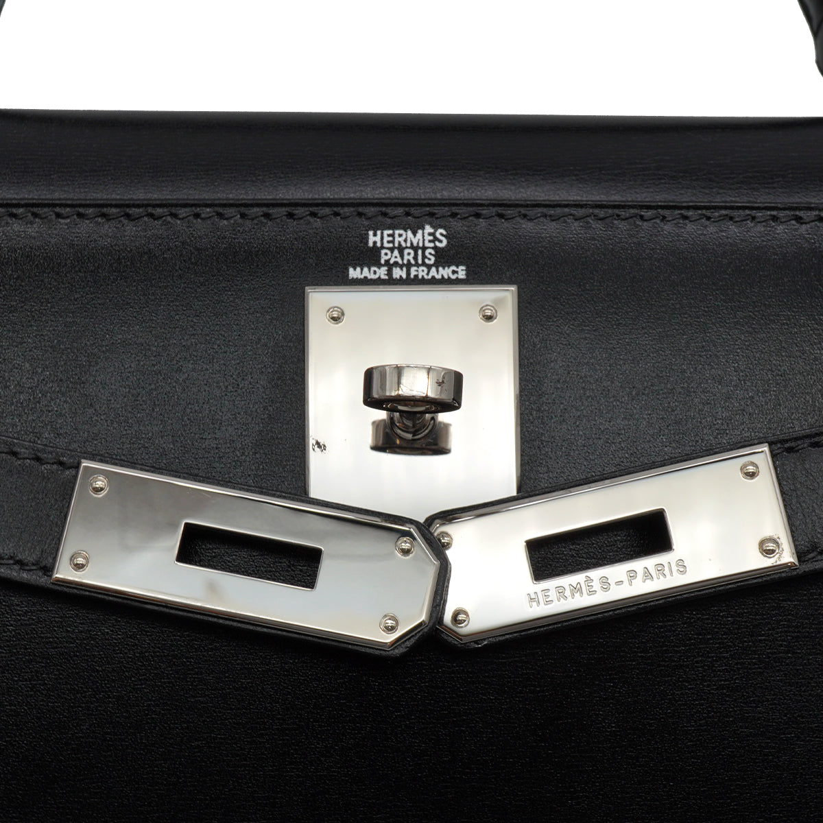 HERMES KELLY 28 SELLIER BLACK BOX CALF HAND SHOULDER BAG 2002 SQUARE F PALLADIUM HARDWARE 90336791