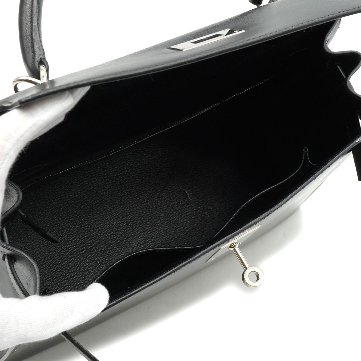 HERMES KELLY 28 SELLIER BLACK BOX CALF HAND SHOULDER BAG 2002 SQUARE F PALLADIUM HARDWARE 90336791
