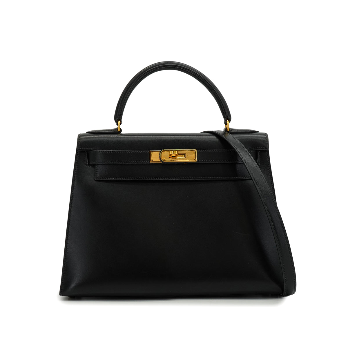 HERMES KELLY 28 SELLIER BLACK BOX CALF HAND SHOULDER BAG 1991 CIRCLE U GOLD HARDWARE 90346863