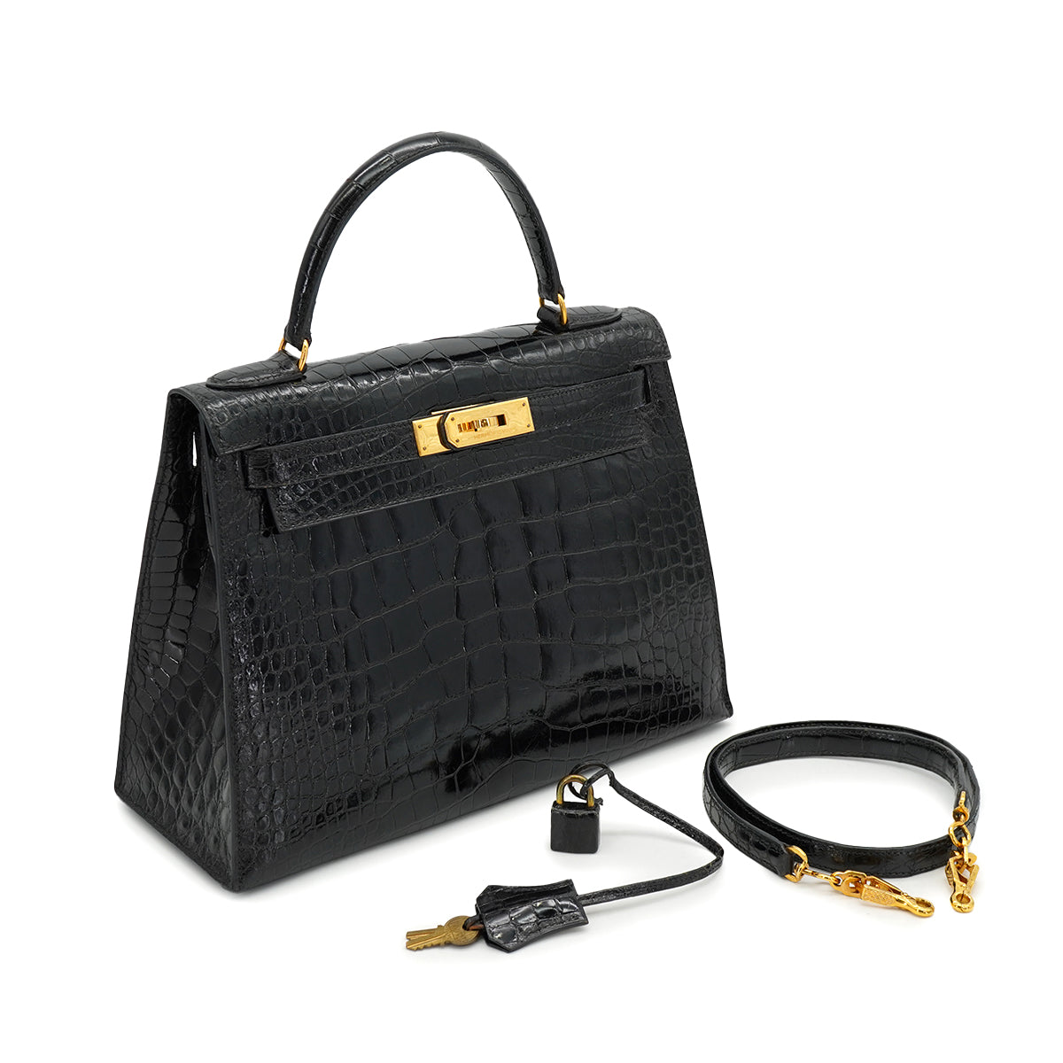 HERMES KELLY 28 SELLIER BLACK CROCODILE ALLIGATOR HAND SHOULDER BAG 1988 CIRCLE R GOLD HARDWARE 90327058
