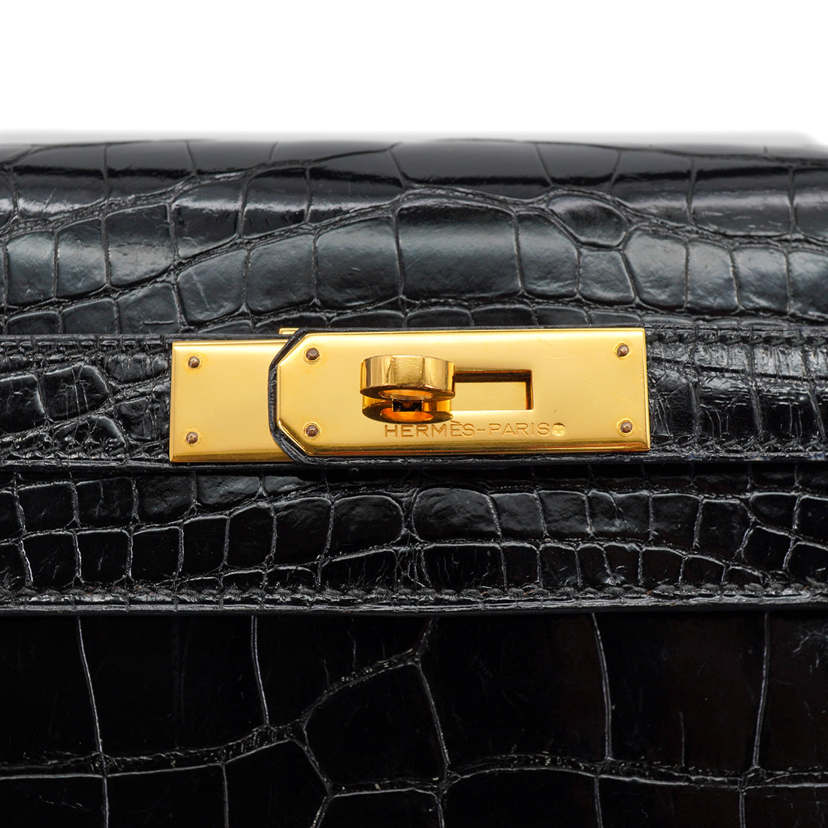 HERMES KELLY 28 SELLIER BLACK CROCODILE ALLIGATOR HAND SHOULDER BAG 1988 CIRCLE R GOLD HARDWARE 90327058
