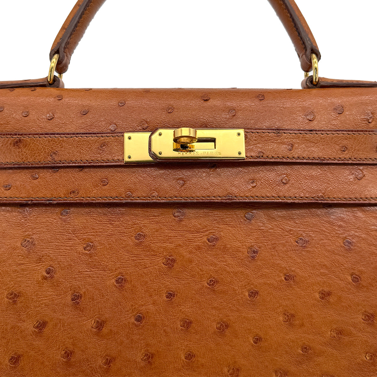 HERMES KELLY 28 SELLIER COGNAC OSTRICH HAND SHOULDER BAG 1992 CIRCLE V GOLD HARDWRE 90322280
