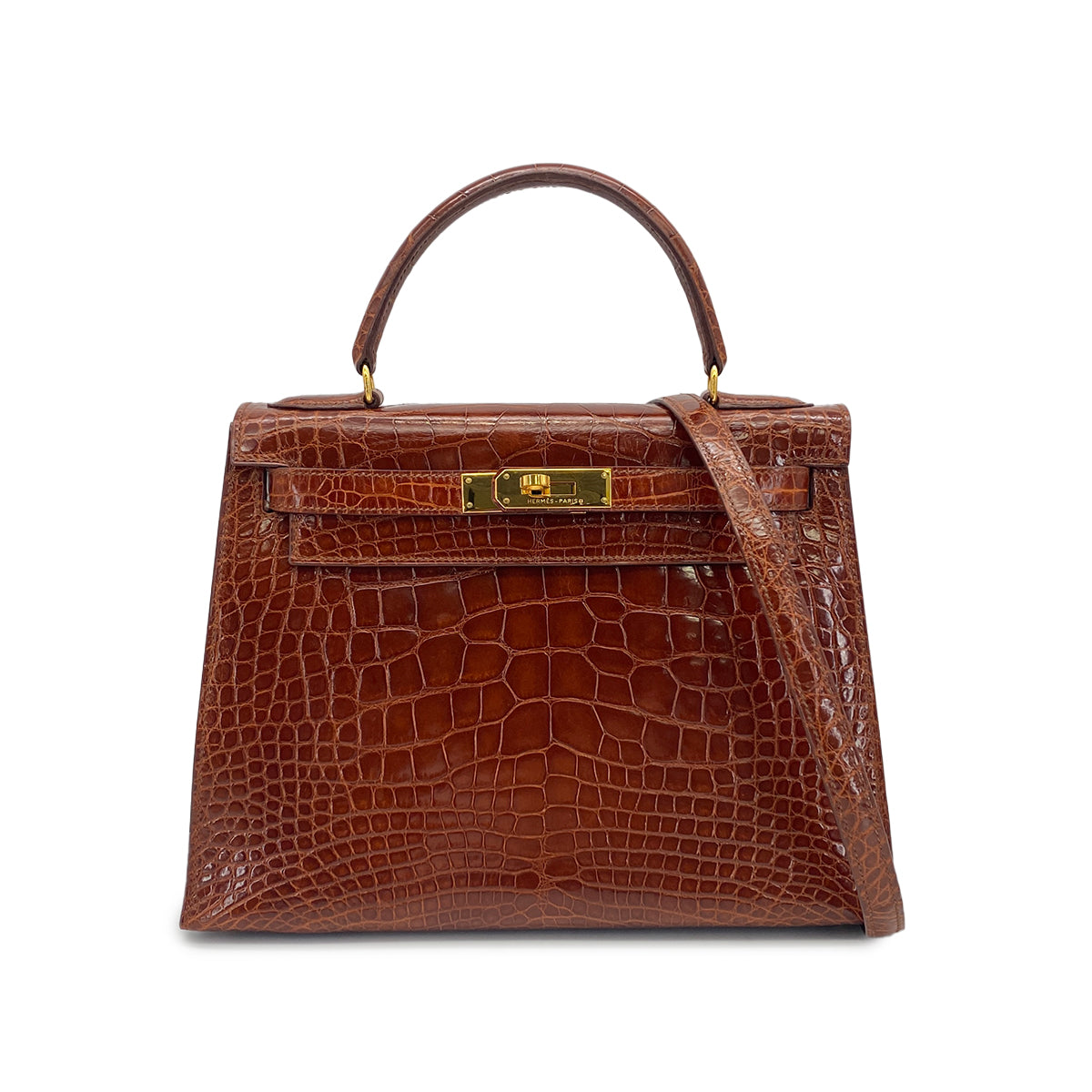 HERMES KELLY 28 SELLIER MIEL CROCODILE ALLIGATOR HAND SHOULDER BAG 1992 CIRCLE V GOLD HARDWARE 90325601