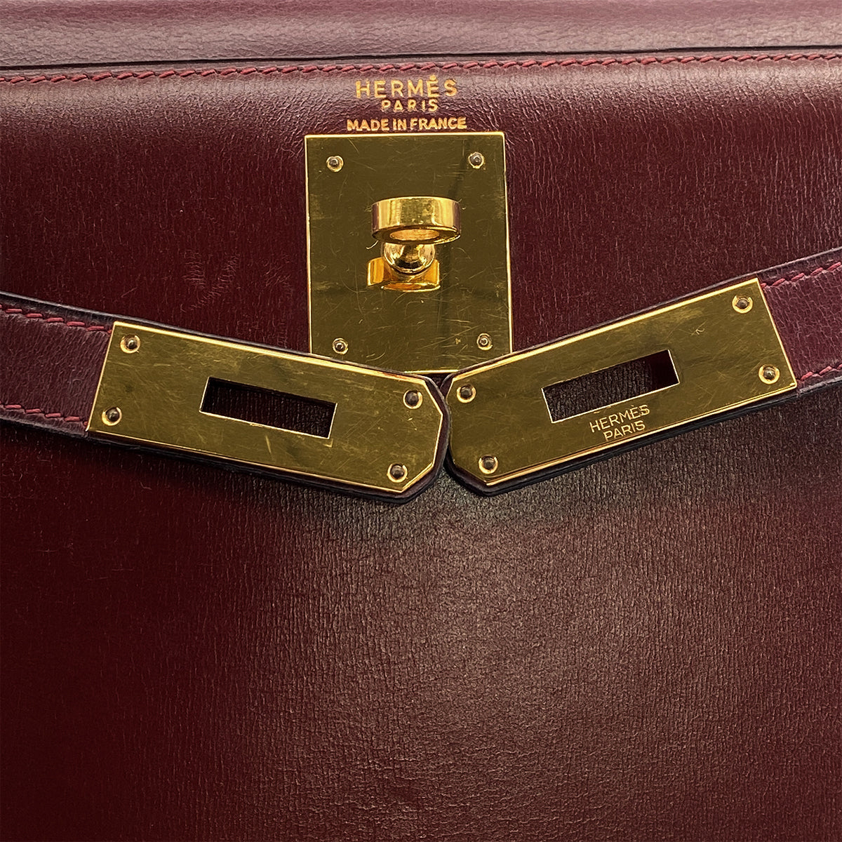 HERMES KELLY 28 SELLIER ROUGE H BOXCALF HAND BAG 1974 CIRCLE D GOLD HARDWARE 90317616