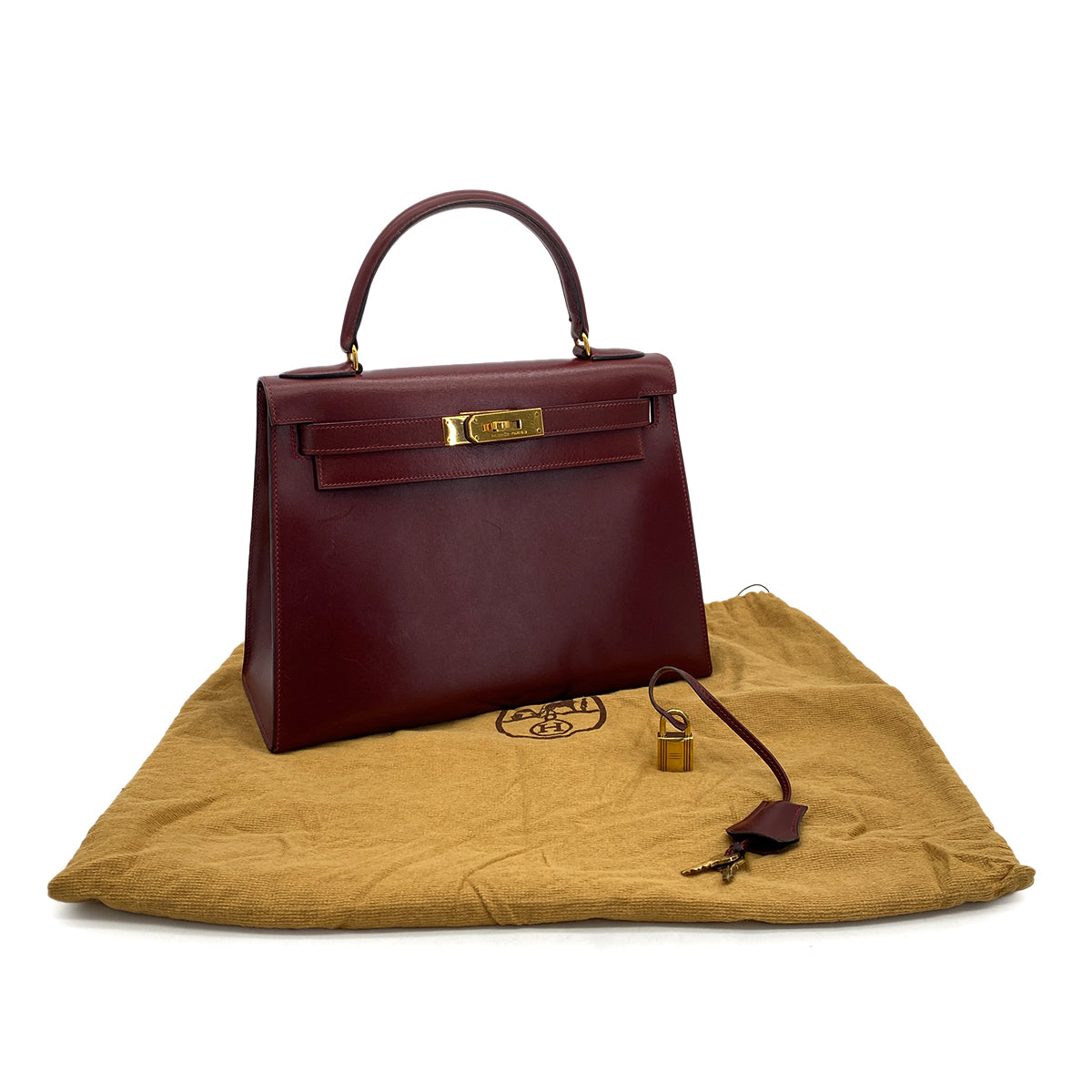 HERMES KELLY 28 SELLIER ROUGE H BOXCALF HAND BAG 1988 CIRCLE R GOLD HARDWARE 90317905
