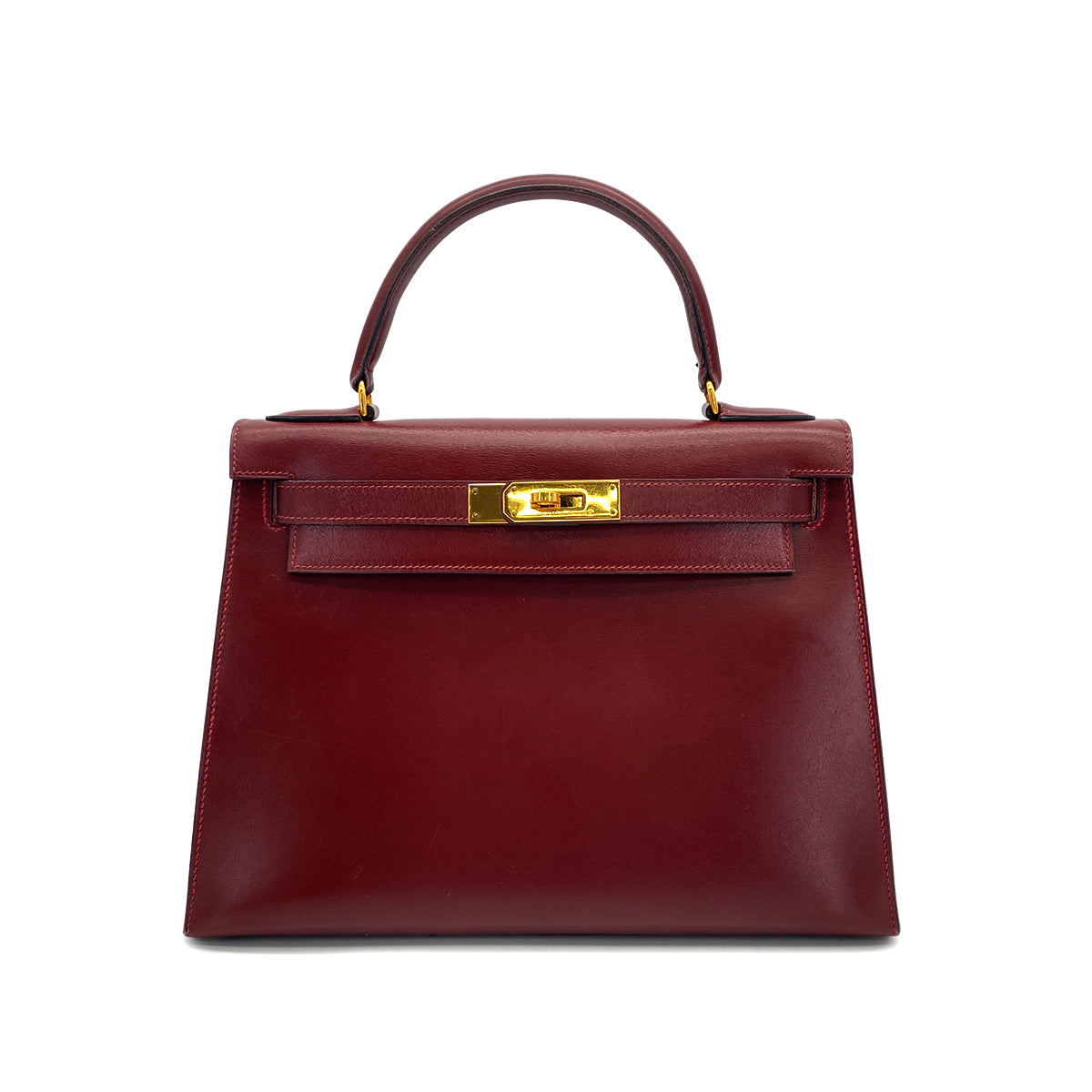 HERMES KELLY 28 SELLIER ROUGE H BOXCALF HAND BAG 1988 CIRCLE R GOLD HARDWARE 90317905