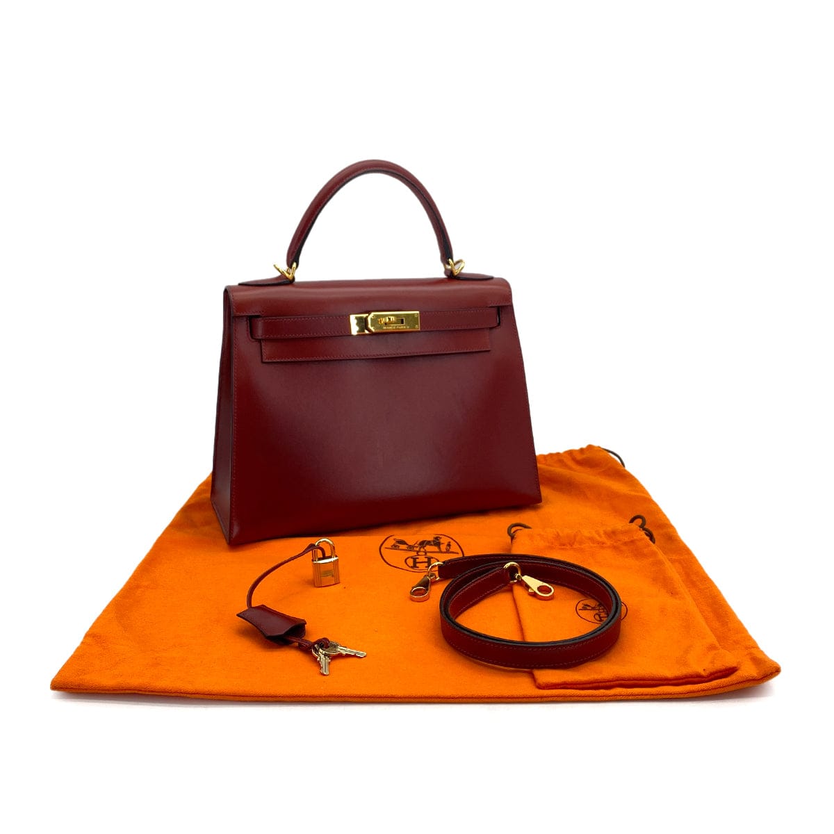 HERMES KELLY 28 SELLIER ROUGE H BOXCALF HAND SHOULDER BAG 2002 SQUARE F GOLD HARDWARE 90324446