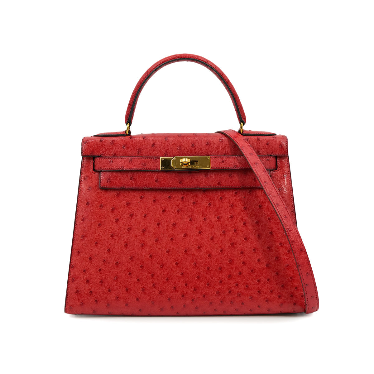 HERMES KELLY 28 SELLIER ROUGE VIF OSTRICH HAND SHOULDER BAG 1989 CIRCLE S GOLD HARDWARE  SAB0001