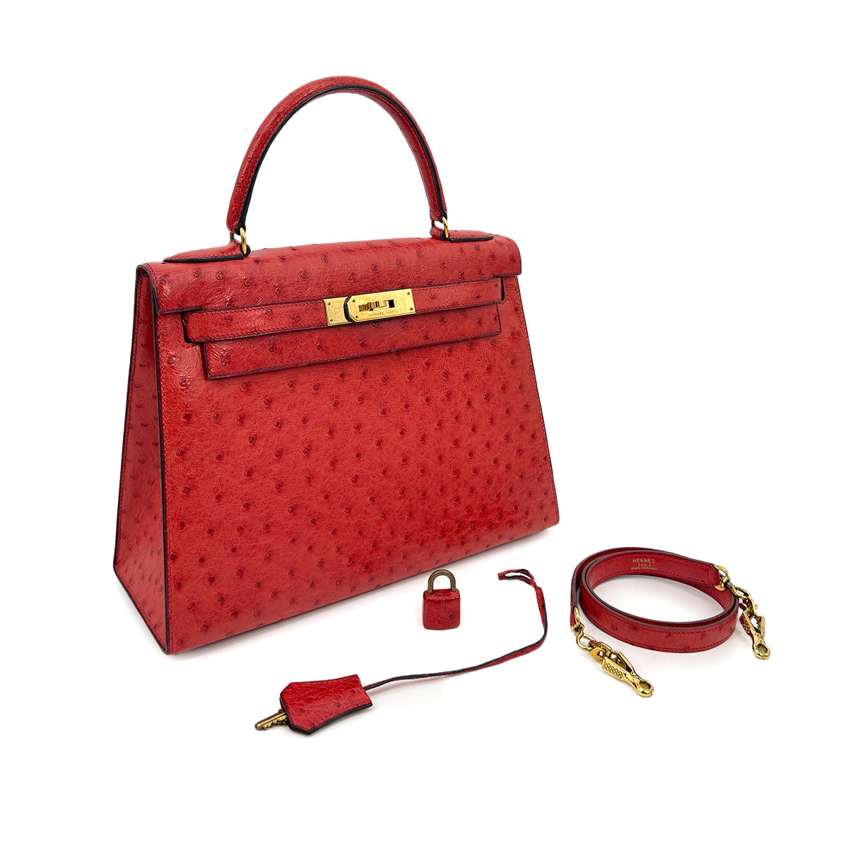HERMES KELLY 28 SELLIER ROUGE VIF OSTRICH HAND SHOULDER BAG 1989 CIRCLE S GOLD HARDWARE  SAB0001