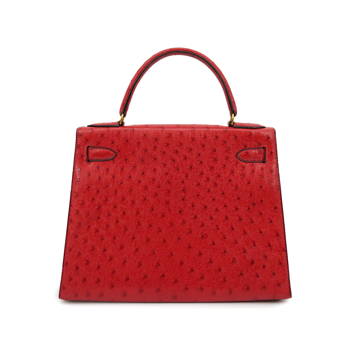 HERMES KELLY 28 SELLIER ROUGE VIF OSTRICH HAND SHOULDER BAG 1989 CIRCLE S GOLD HARDWARE  SAB0001