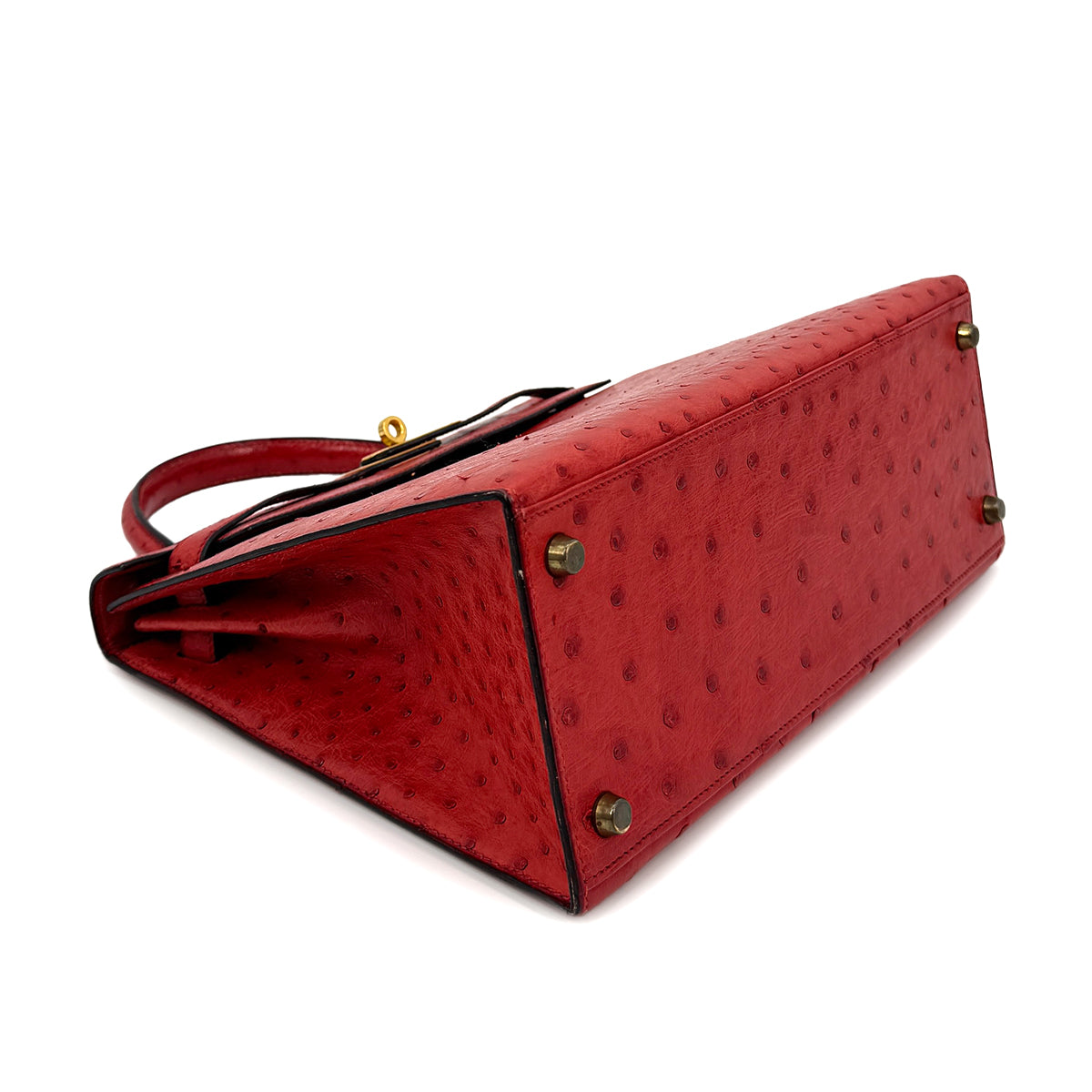 HERMES KELLY 28 SELLIER ROUGE VIF OSTRICH HAND SHOULDER BAG 1989 CIRCLE S GOLD HARDWARE  SAB0001