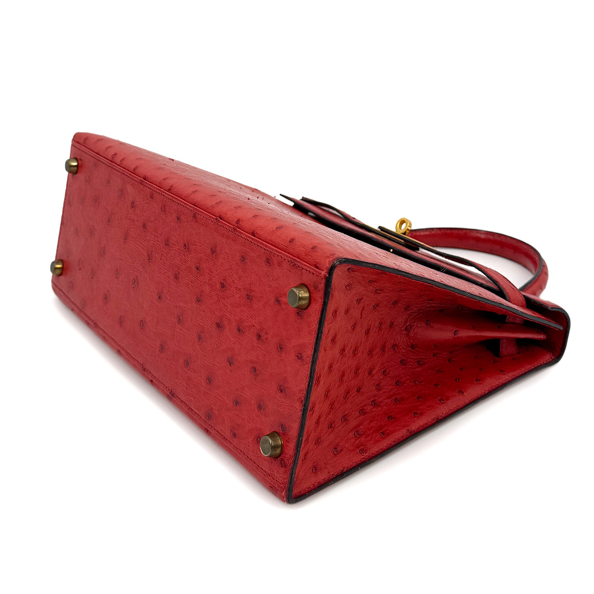 HERMES KELLY 28 SELLIER ROUGE VIF OSTRICH HAND SHOULDER BAG 1989 CIRCLE S GOLD HARDWARE  SAB0001