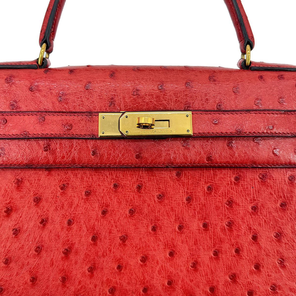 HERMES KELLY 28 SELLIER ROUGE VIF OSTRICH HAND SHOULDER BAG 1989 CIRCLE S GOLD HARDWARE  SAB0001