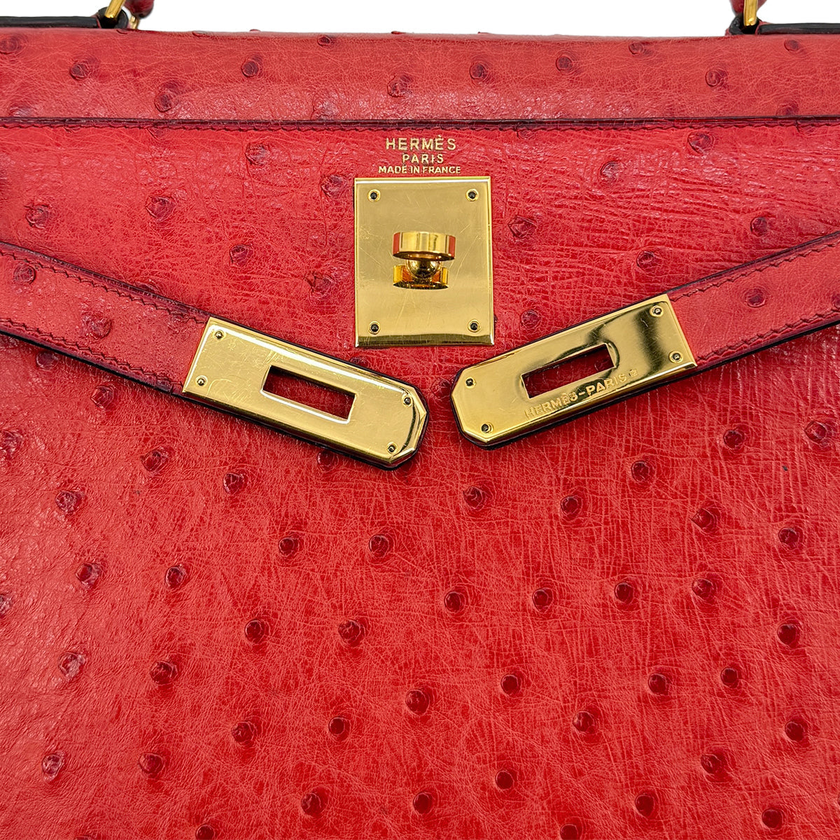 HERMES KELLY 28 SELLIER ROUGE VIF OSTRICH HAND SHOULDER BAG 1989 CIRCLE S GOLD HARDWARE  SAB0001