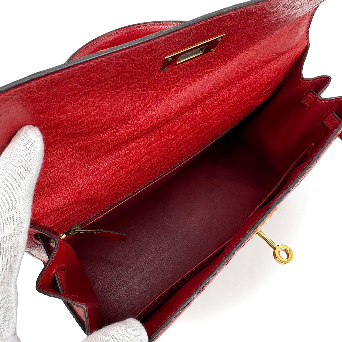 HERMES KELLY 28 SELLIER ROUGE VIF OSTRICH HAND SHOULDER BAG 1989 CIRCLE S GOLD HARDWARE  SAB0001