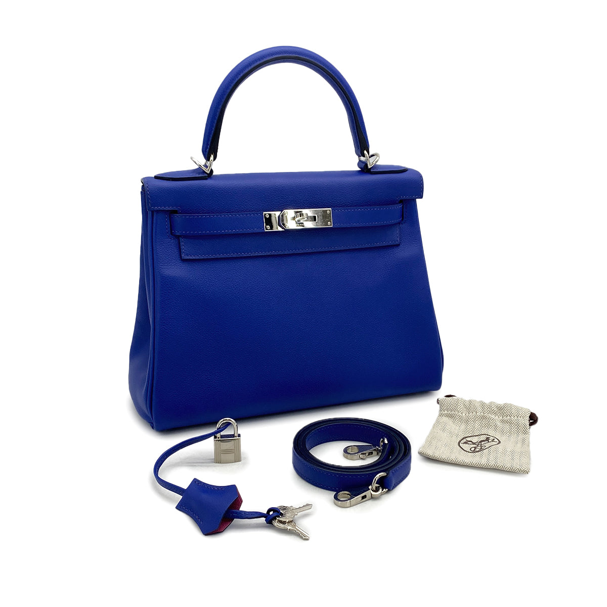 HERMES KELLY 28 VERSO RETOURNE BLUE ELECTRIQUE ROSE WOOD EVERCOLOR HAND SHOULDER BAG 2019 D STAMP PALLADIUM HARDWARE 90326200