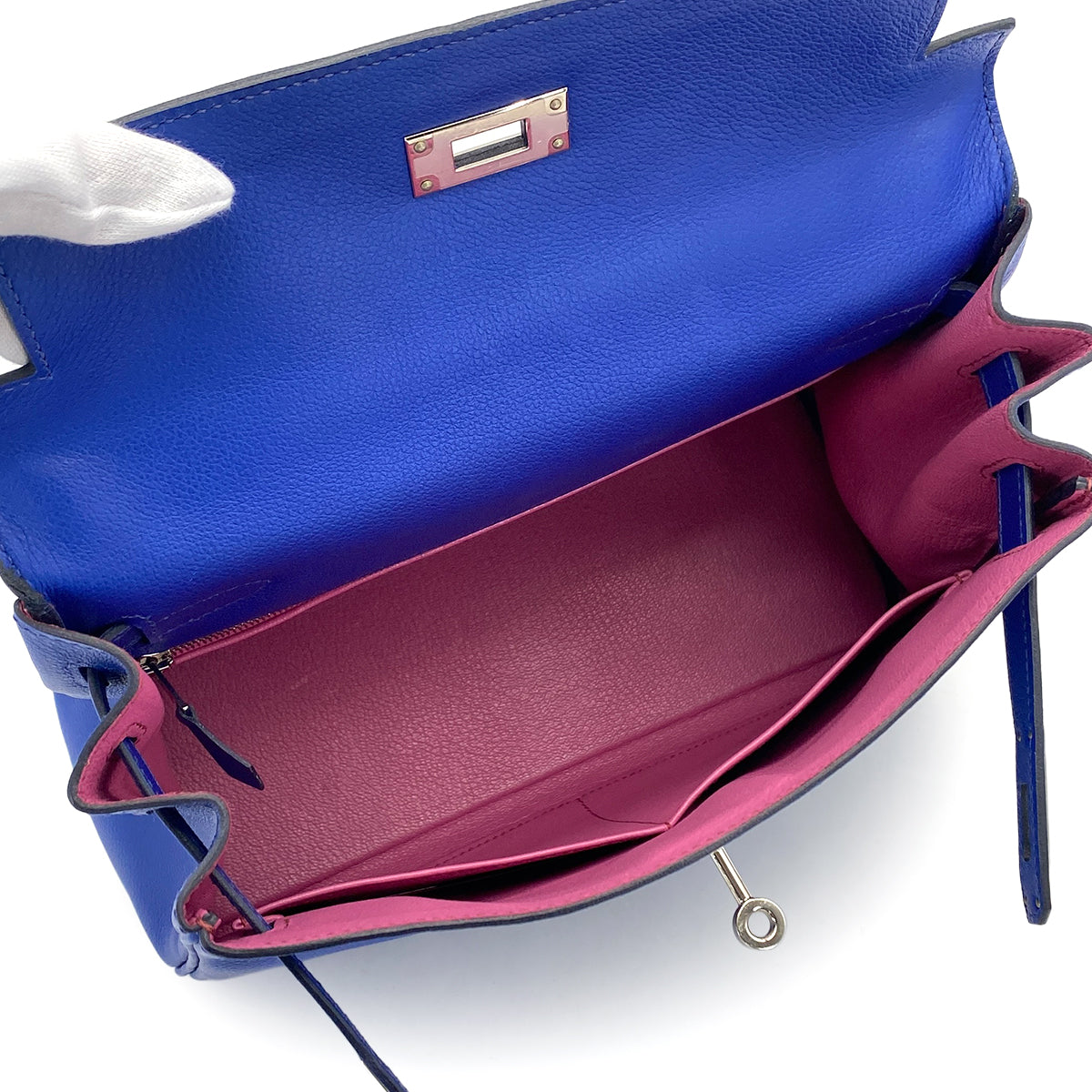 HERMES KELLY 28 VERSO RETOURNE BLUE ELECTRIQUE ROSE WOOD EVERCOLOR HAND SHOULDER BAG 2019 D STAMP PALLADIUM HARDWARE 90326200