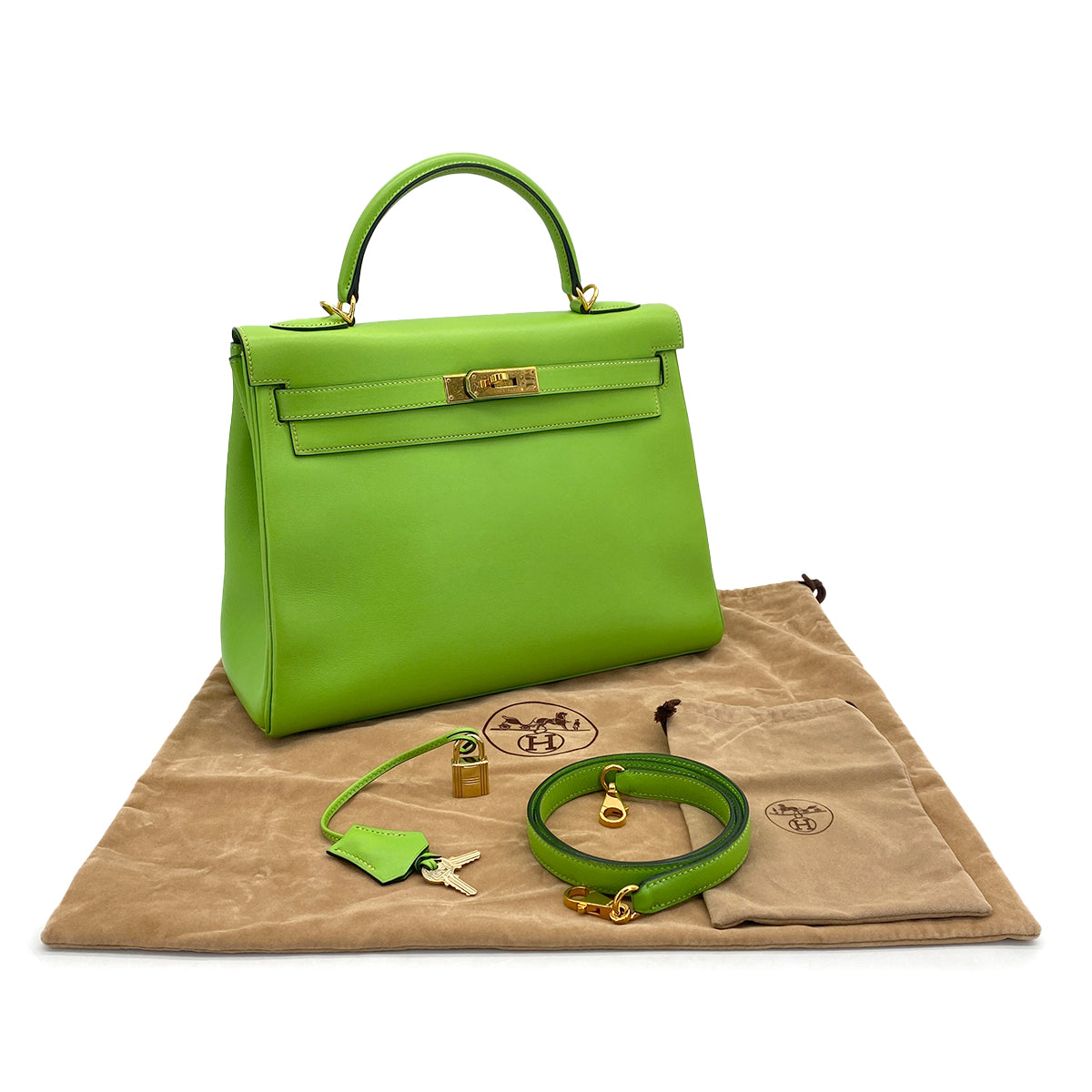 HERMES KELLY 32 RETORNE APPLE GREEN VEAU GULLIVER HAND SHOULDER BAG 2001 SQUARE E GOLD HARDWARE 90320996