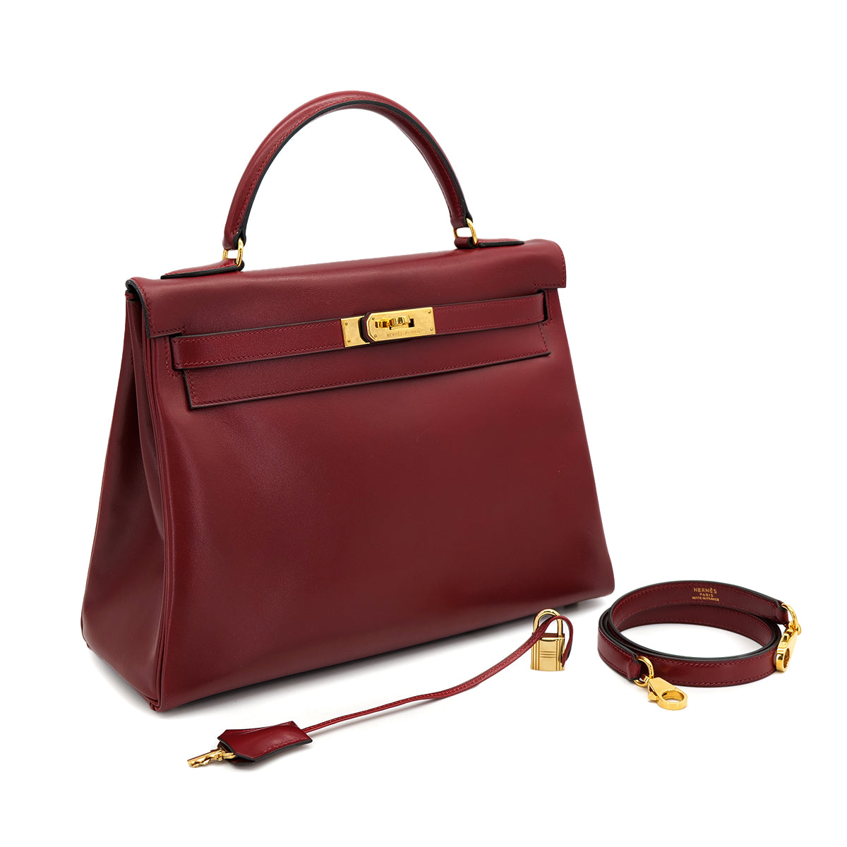 HERMES KELLY 32 RETORNE ROUGE H BOXCALF HAND BAG 1994 CIRCLE X GOLD HARDWARE 90321756