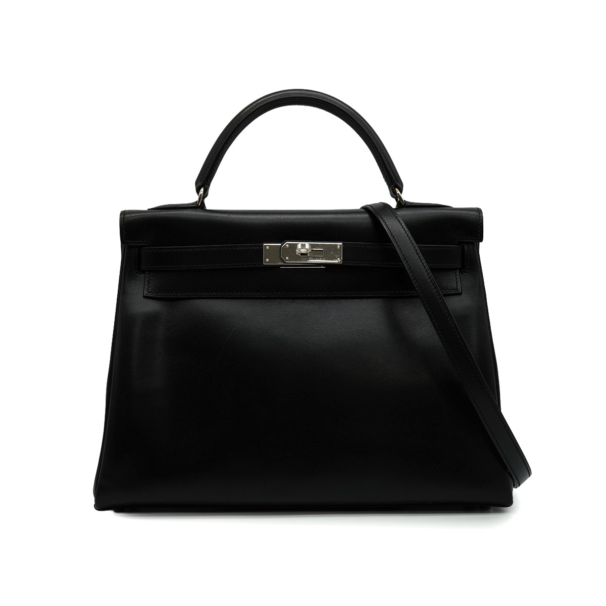 HERMES KELLY 32 RETOURNE BLACK BOX CALF HAND SHOULDER BAG 1998 SQUARE B SILVER HARDWARE 90346650