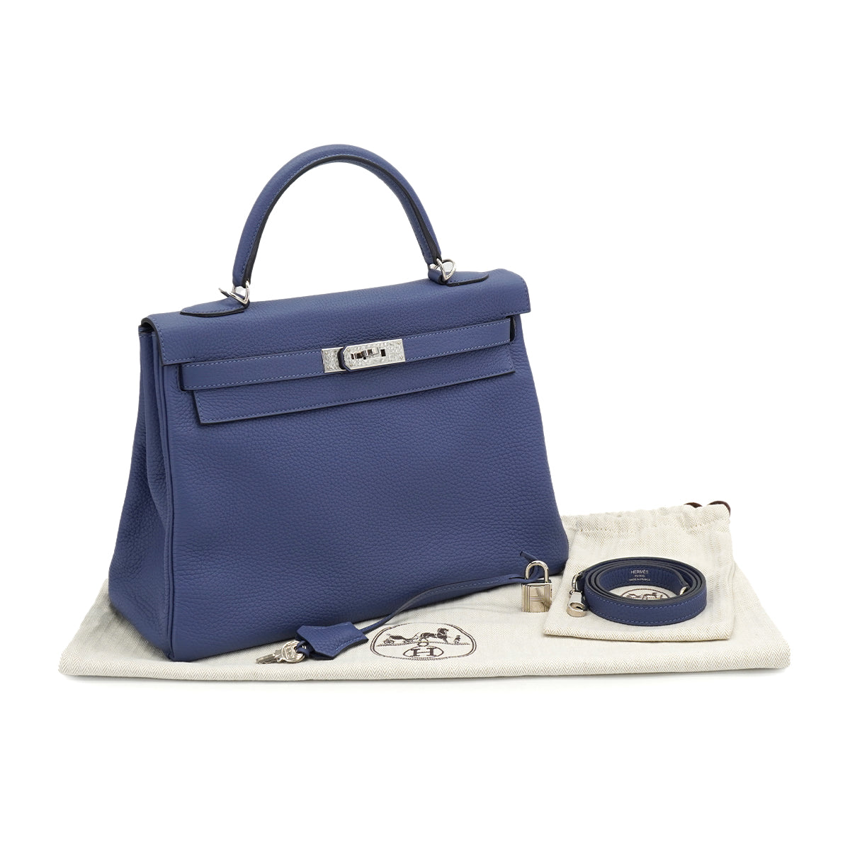 HERMES KELLY 32 RETOURNE BLUE BRIGHTON TAURILLON CLEMENCE HAND SHOULDER BAG 2018 C STAMP PALLADIUM HARDWARE 90331408