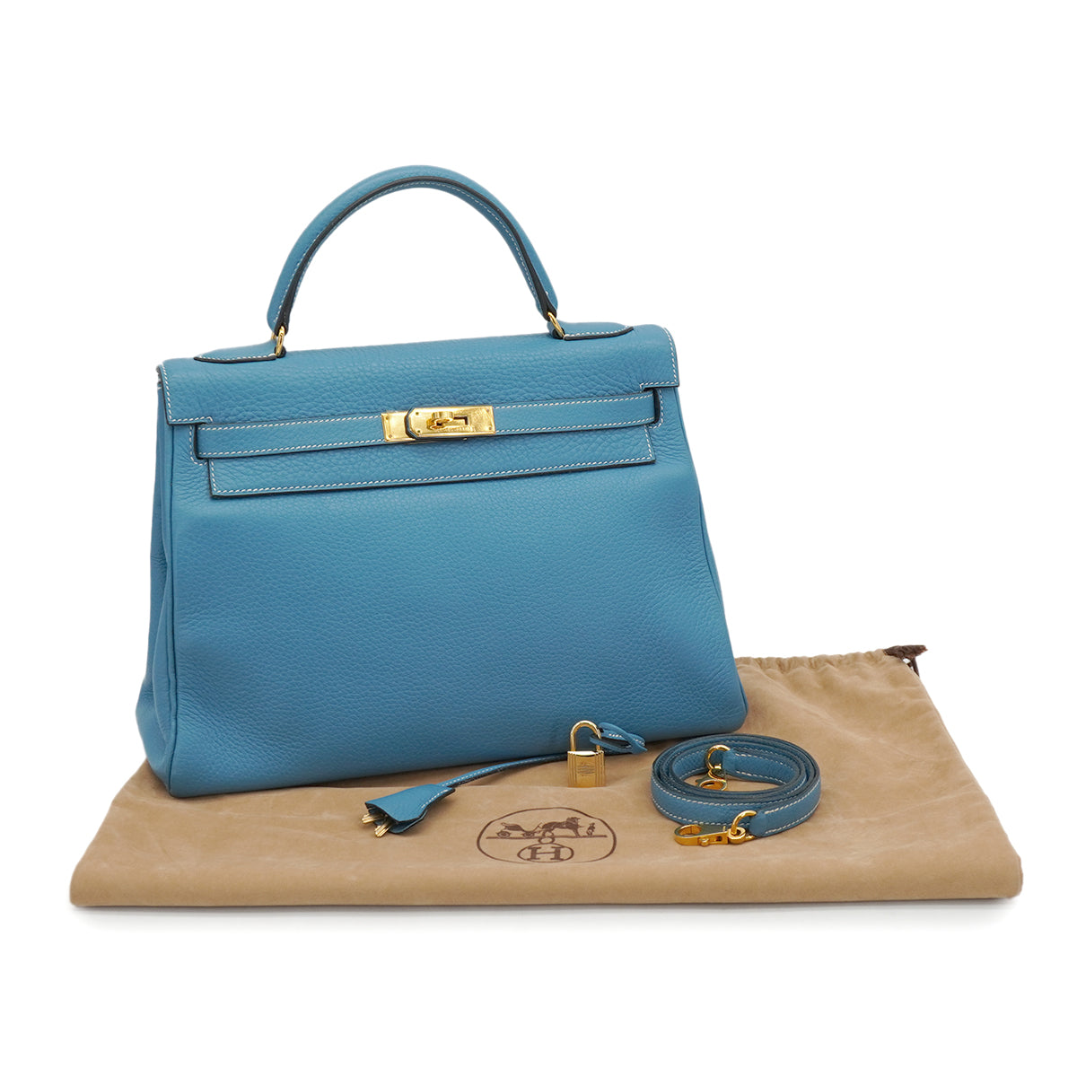 HERMES KELLY 32 RETOURNE BLUE JEAN TAURILLON CLEMENCE HAND SHOULDER BAG 1998 SQUARE B GOLD HARDWARE 90347154