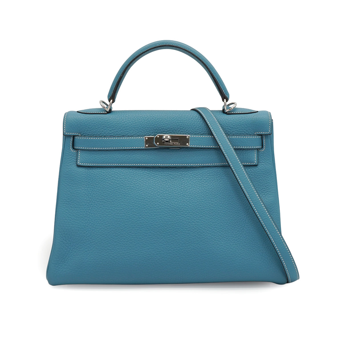 HERMES KELLY 32 RETOURNE BLUE JEAN TOGO HAND SHOULDER BAG 2005 SQUARE I PALLADIUM HARDWARE 90335880