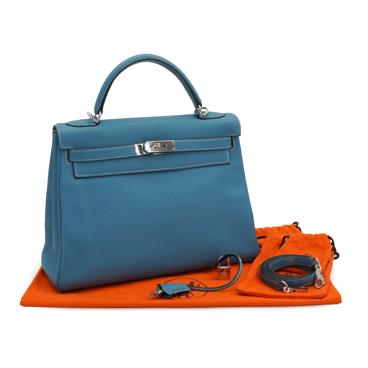 HERMES KELLY 32 RETOURNE BLUE JEAN TOGO HAND SHOULDER BAG 2005 SQUARE I PALLADIUM HARDWARE 90335880