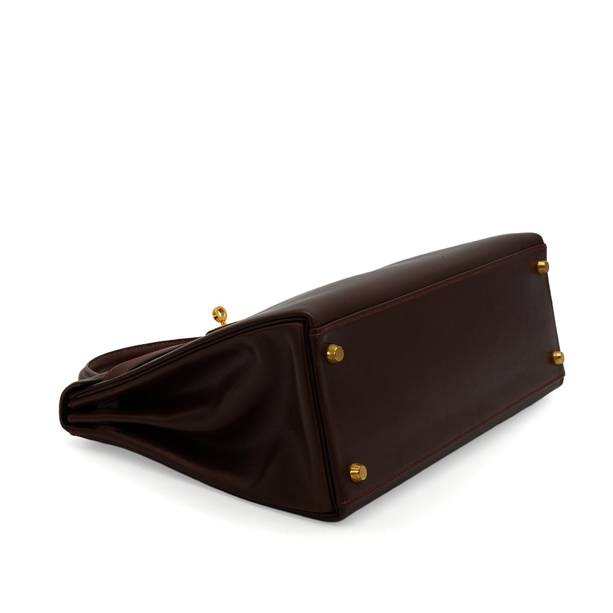 HERMES KELLY 32 RETOURNE  MARRON FONCE BOX CALF HAND SHOULDER BAG 2001 SQUARE E GOLD HARDWARE 90345991