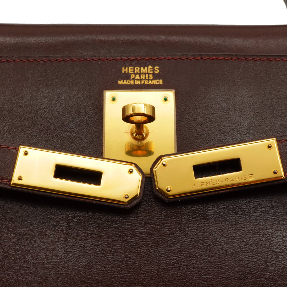 HERMES KELLY 32 RETOURNE  MARRON FONCE BOX CALF HAND SHOULDER BAG 2001 SQUARE E GOLD HARDWARE 90345991