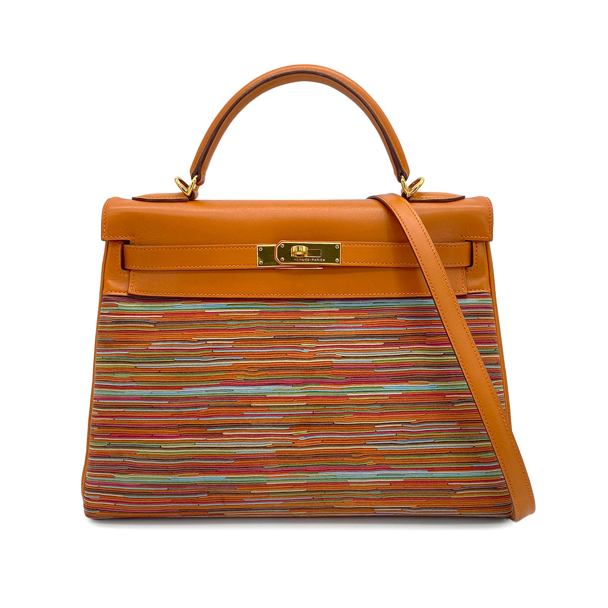 HERMES KELLY 32 RETOURNE ORANGE BOXCALF VIBRATO HAND SHOULDER BAG 2005 SQUARE I GOLD HARDWARE 90321165