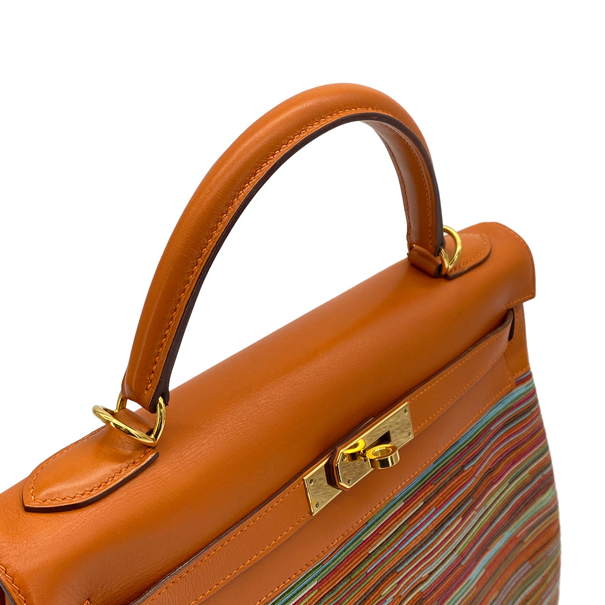 HERMES KELLY 32 RETOURNE ORANGE BOXCALF VIBRATO HAND SHOULDER BAG 2005 SQUARE I GOLD HARDWARE 90321165