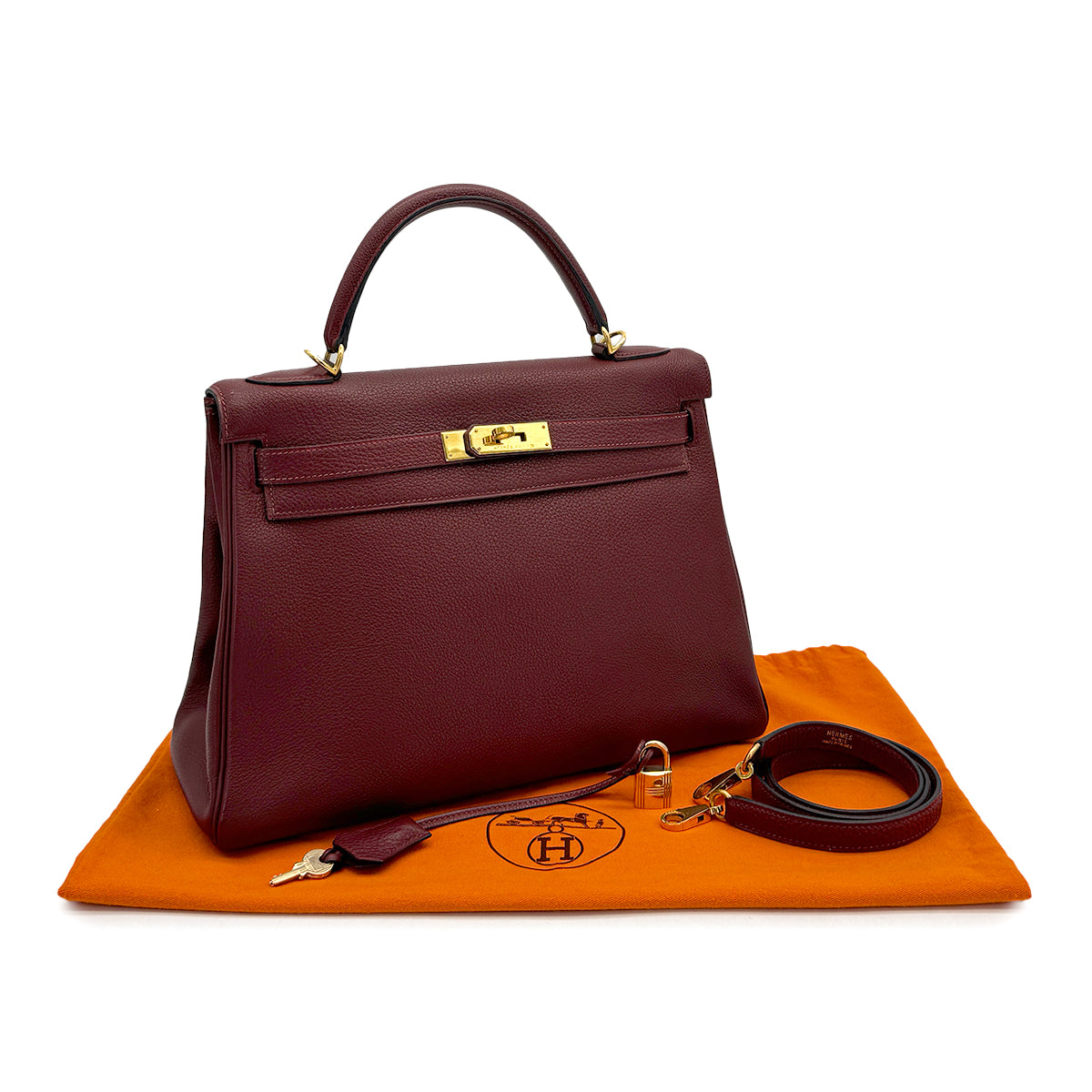 HERMES KELLY 32 RETOURNE ROUGE H TOGO HAND SHOULDER BAG 2001 SQUARE E GOLD HARDWARE 90316991