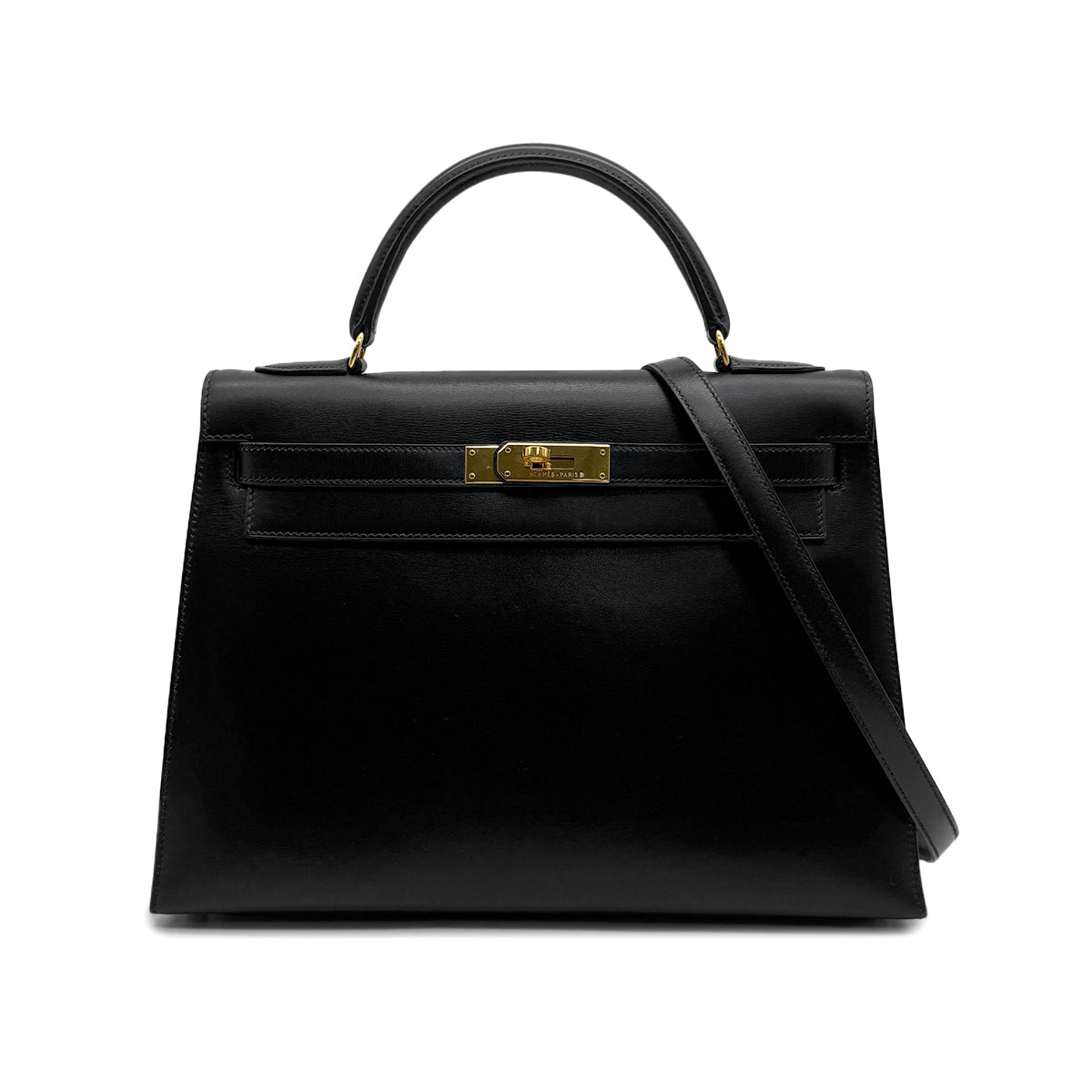 HERMES KELLY 32 SELLIER BLACK BOXCALF HAND SHOULDER BAG 1995 CIRCLE Y GOLD HARDWARE 90319653