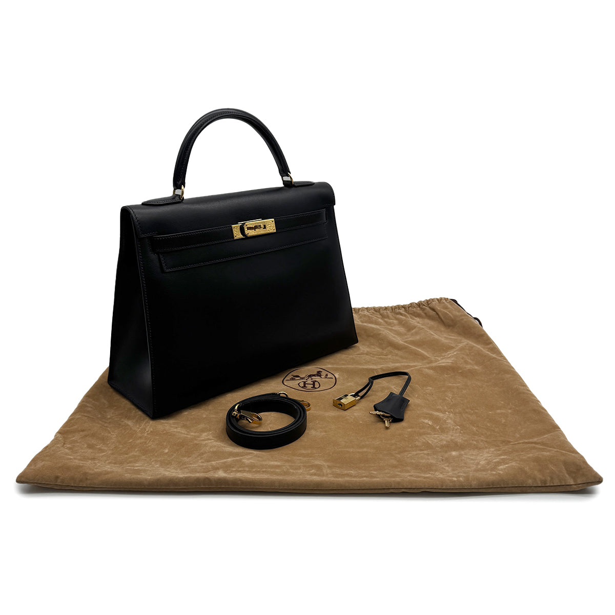 HERMES KELLY 32 SELLIER BLACK BOXCALF HAND SHOULDER BAG 1995 CIRCLE Y GOLD HARDWARE 90319653