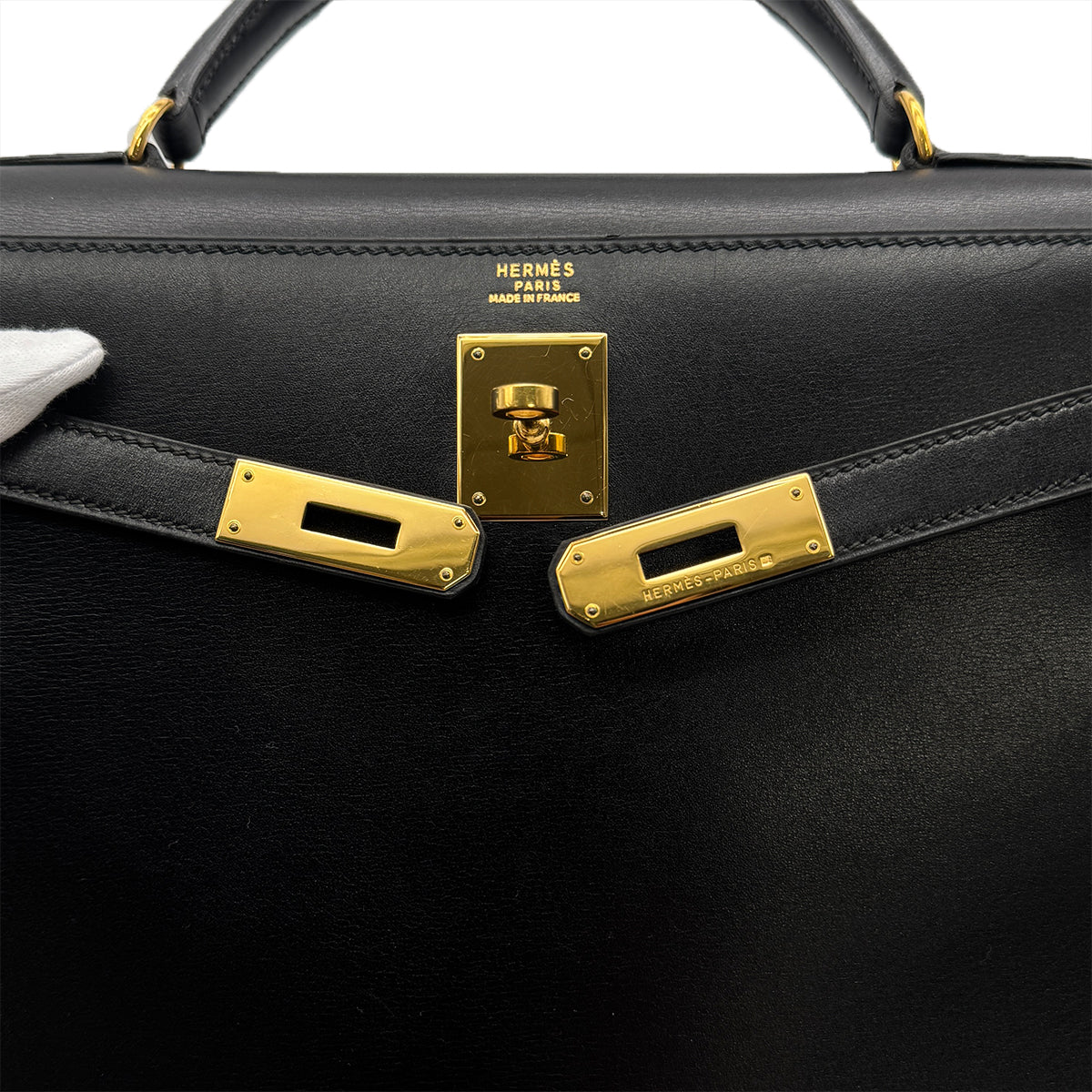 HERMES KELLY 32 SELLIER BLACK BOXCALF HAND SHOULDER BAG 1995 CIRCLE Y GOLD HARDWARE 90319653