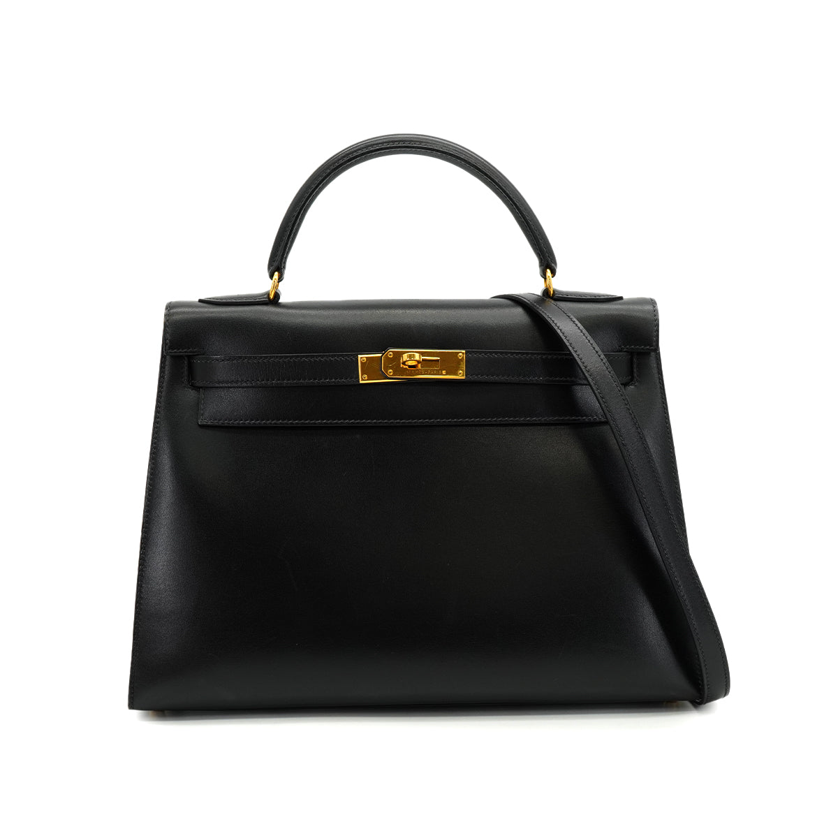 HERMES KELLY 32 SELLIER BLACK BOX CALF HAND SHOULDER BAG 1996 CIRCLE Z GOLD HARDWARE 90333264