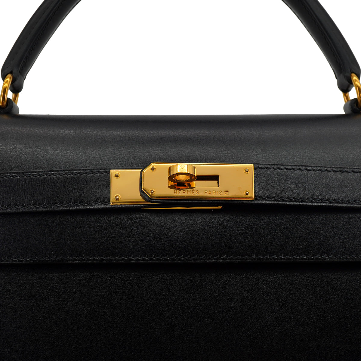 HERMES KELLY 32 SELLIER BLACK BOX CALF HAND SHOULDER BAG 1998 SQUARE B GOLD HARDWARE 90333892
