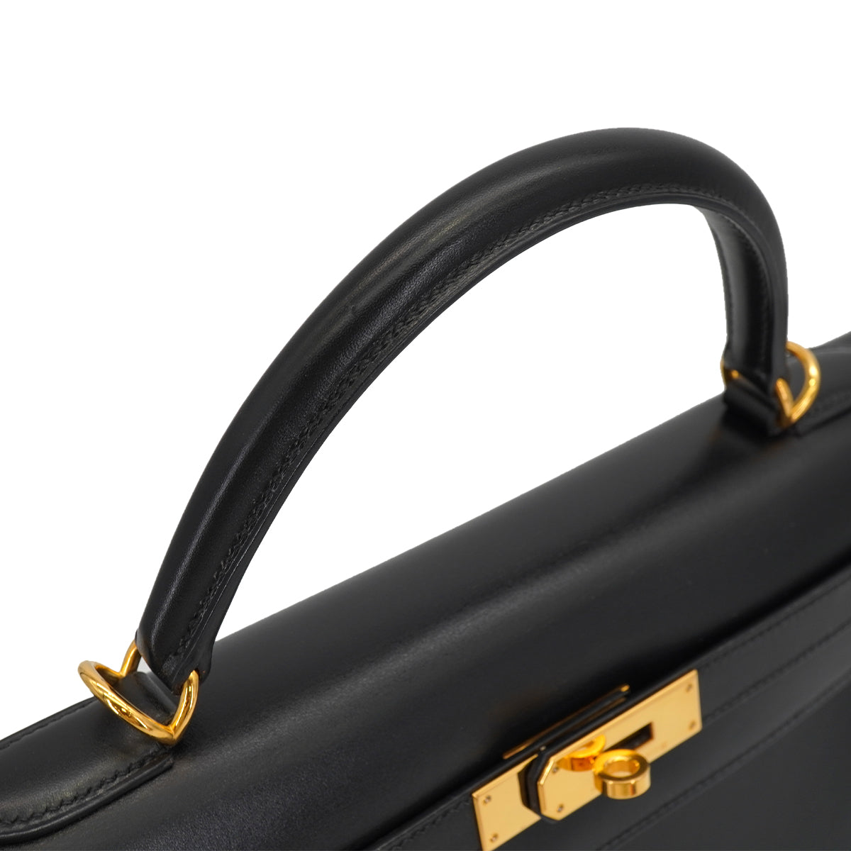 HERMES KELLY 32 SELLIER BLACK BOX CALF HAND SHOULDER BAG 2002 SQUARE F GOLD HARDWARE 90331660