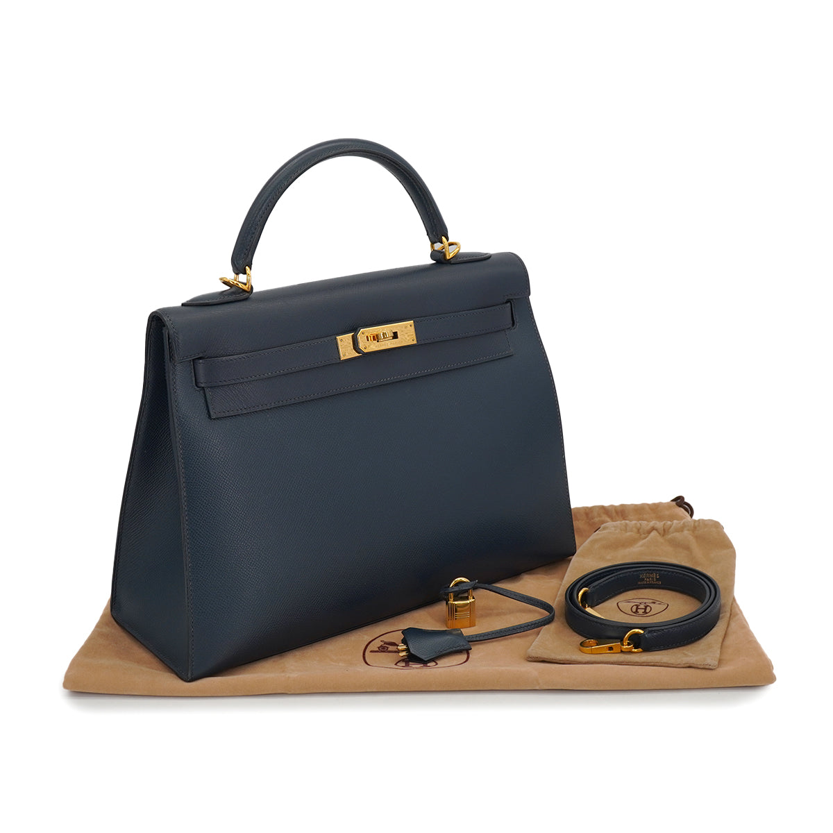 HERMES KELLY 32 SELLIER BLUE INDIGO COURCHEVEL HAND SHOULDER BAG 2000 SQUARE D GOLD HARDWARE 90331398