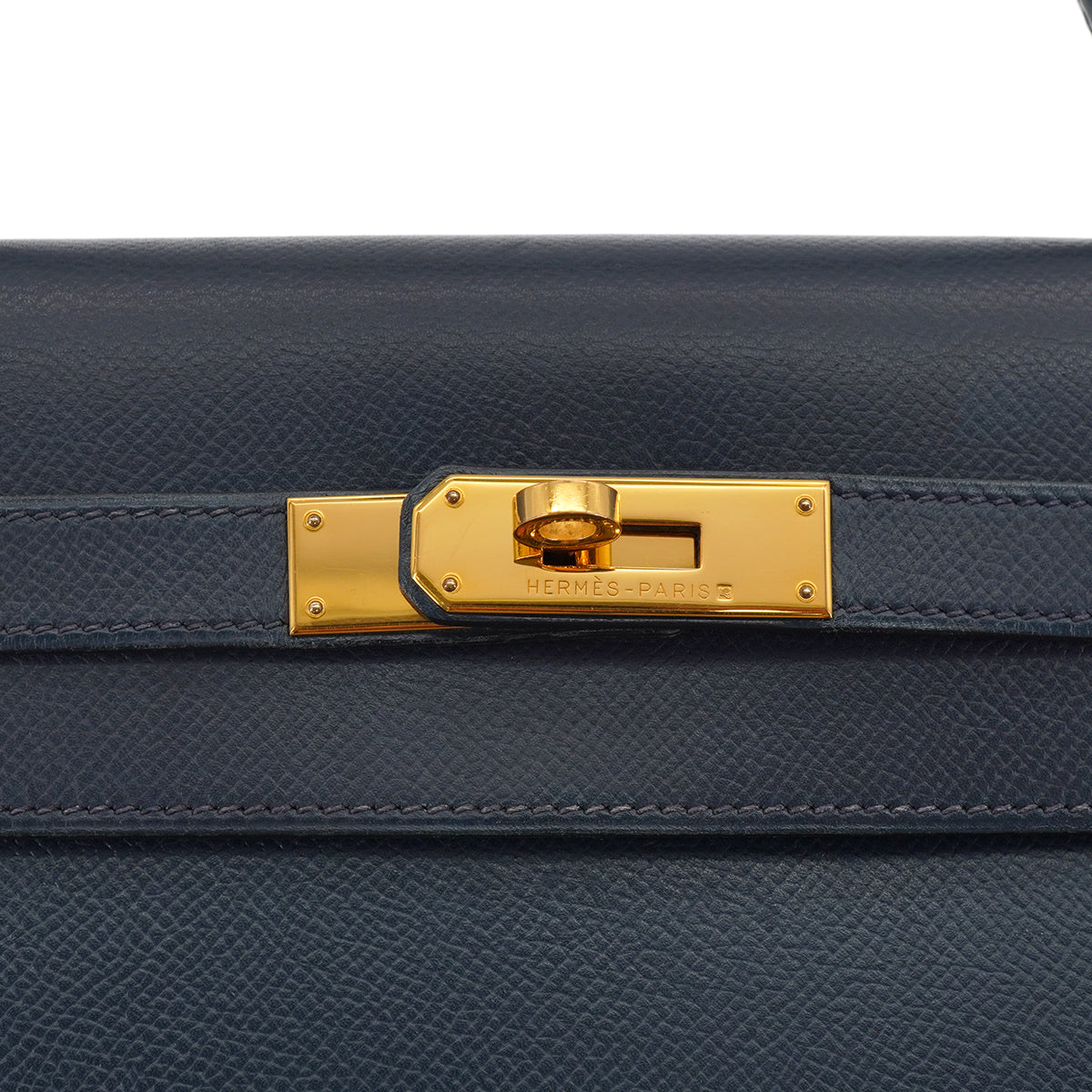 HERMES KELLY 32 SELLIER BLUE INDIGO COURCHEVEL HAND SHOULDER BAG 2000 SQUARE D GOLD HARDWARE 90331398