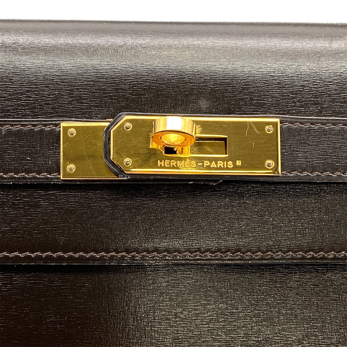HERMES KELLY 32 SELLIER CHOCOLAT BOXCALF HAND SHOULDER BAG 1990 CIRCLE T GOLD HARDWARE 90324145