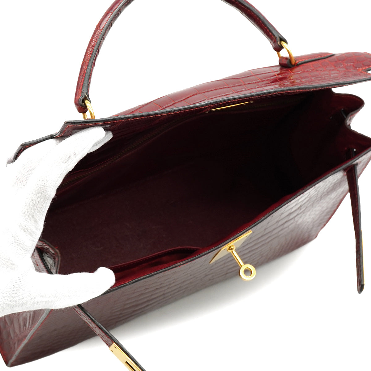 HERMES KELLY 32 SELLIER ROUGE H CROCODILE ALLIGATOR HAND SHOULDER BAG 1993 CIRCLE W GOLD HARDWARE 90327983