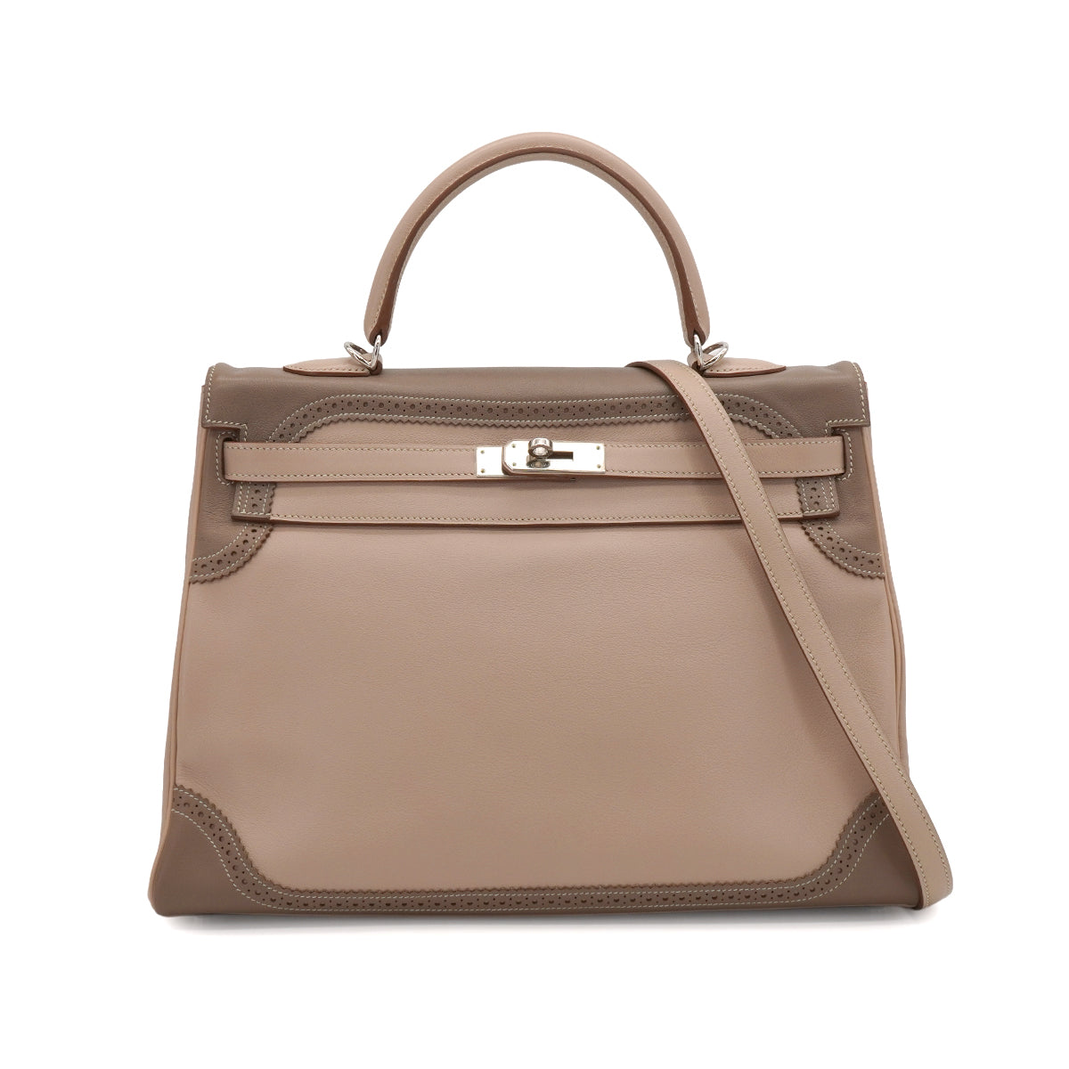 HERMES KELLY 35 GHILLIES RETOURNE ARGILE ETOUPE VEAU SWIFT HAND SHOULDER BAG 2012 SQUARE P STAMP PALLADIUM HARDWARE 90344353