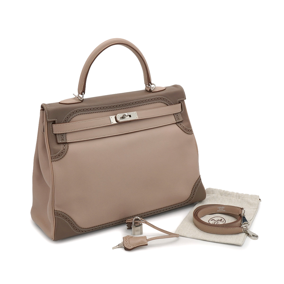 HERMES KELLY 35 GHILLIES RETOURNE ARGILE ETOUPE VEAU SWIFT HAND SHOULDER BAG 2012 SQUARE P STAMP PALLADIUM HARDWARE 90344353